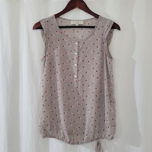 LOFT Scoop Neck Button Front Blouse in Tan & Pink Floral Print Size XS